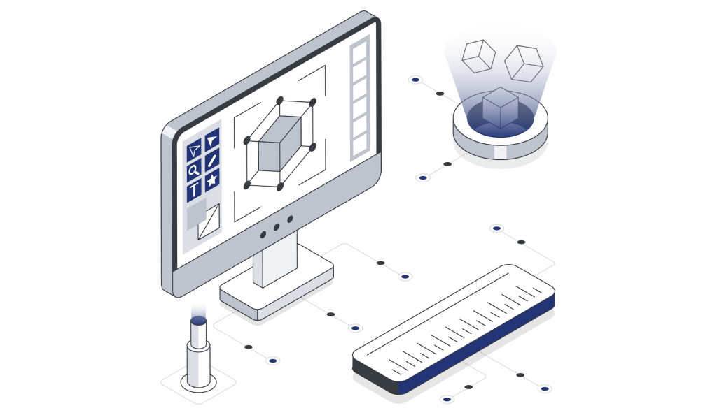 Illustration of 3D modeling software, tools, and processes.