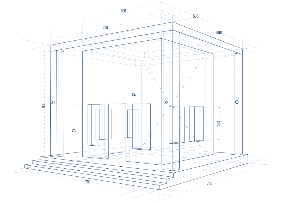 A wireframe 3D architectural model with dimensions, illustrating design visualization.